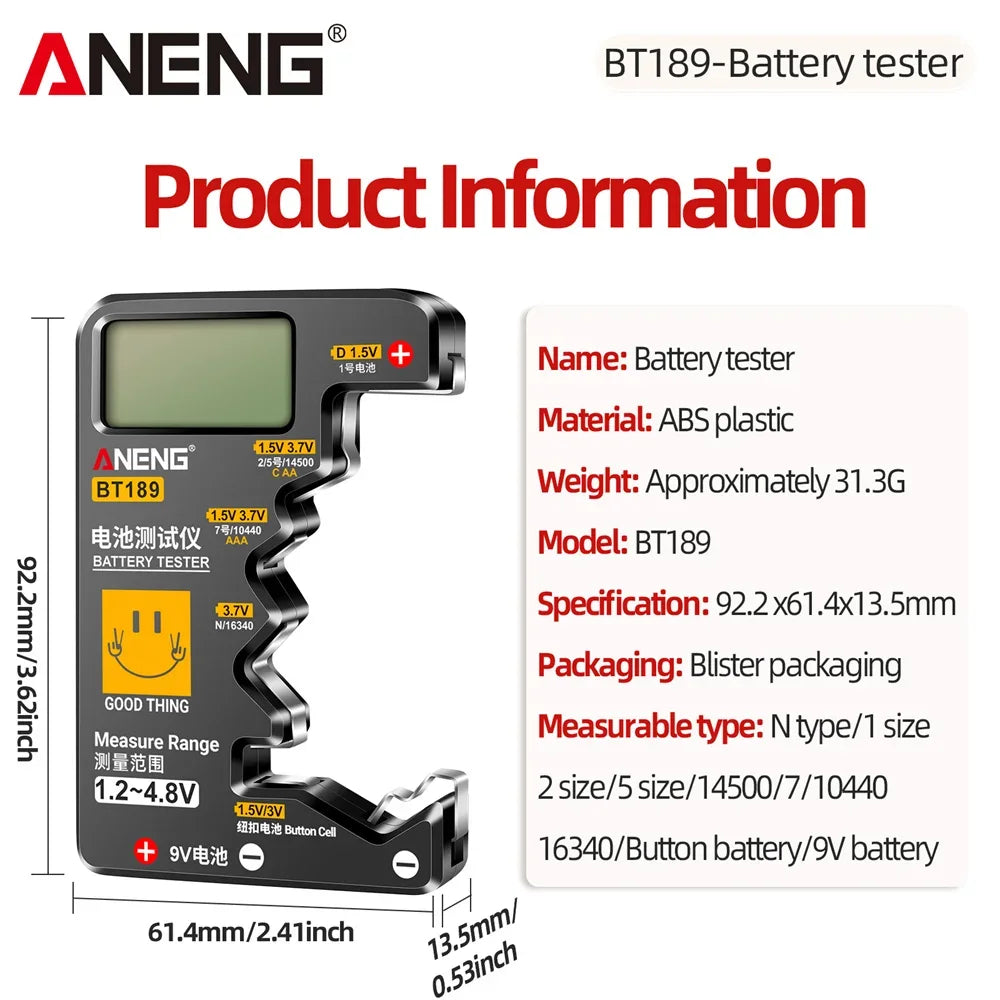 Battery Testers  ANENG BT189  Portable for C,AA,AAA,D,N,9V 6F22 Batteries 1.5V 3V Button Cell Battery Indicator Electric Tools