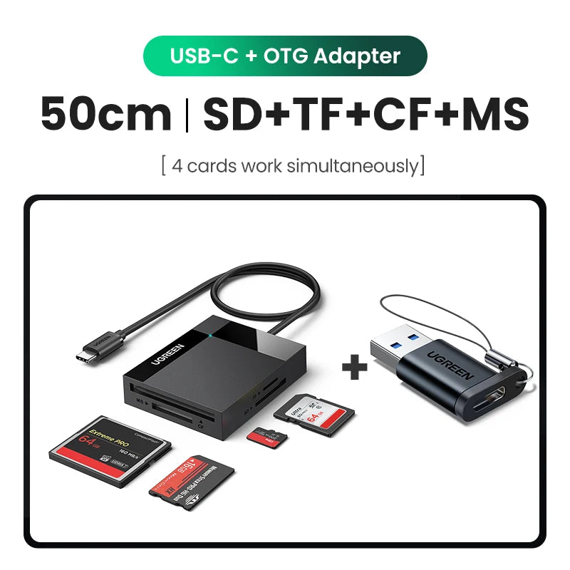 UGREEN Card Reader 4-in-1 USB3.0/USB-C SD Micro SD TF CF MS Compact Flash Card Adapter for Laptop PC Multi OTG Smart Card Reader