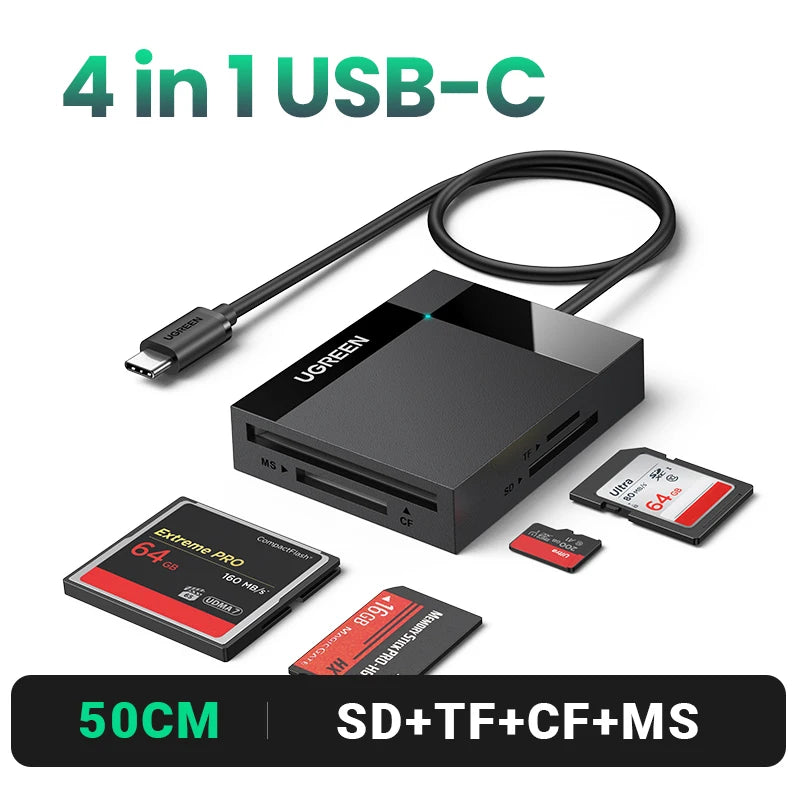 UGREEN Card Reader 4-in-1 USB3.0/USB-C SD Micro SD TF CF MS Compact Flash Card Adapter for Laptop PC Multi OTG Smart Card Reader