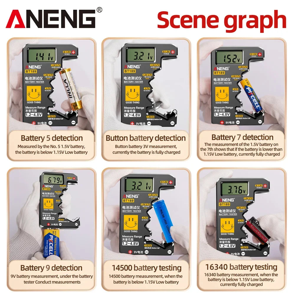 Battery Testers  ANENG BT189  Portable for C,AA,AAA,D,N,9V 6F22 Batteries 1.5V 3V Button Cell Battery Indicator Electric Tools